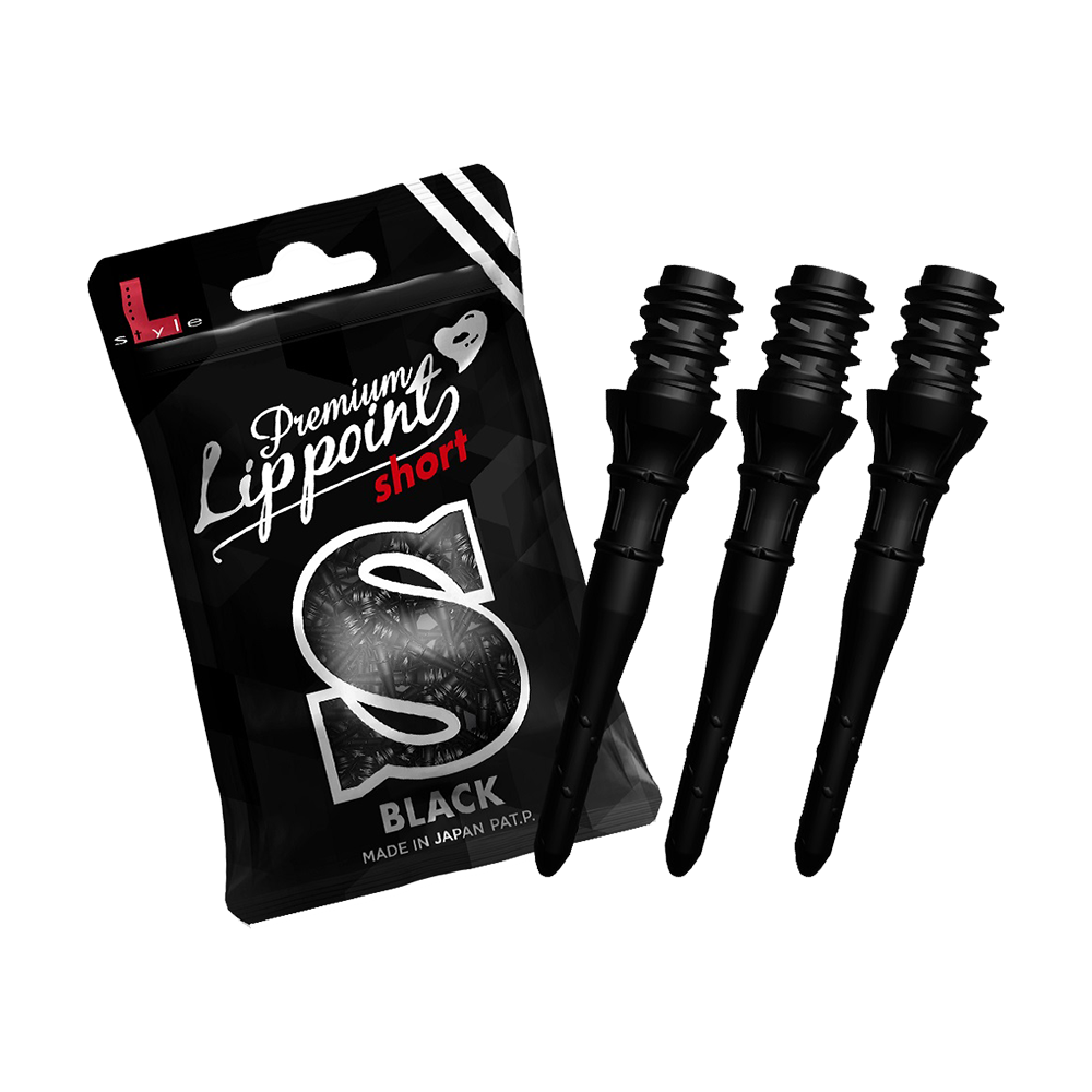 Das Bild zeigt eine Packung „L-Style Premium Lippoints Short“ in Schwarz. Neben der Packung sind drei kurze, schwarze Dartspitzen abgebildet.